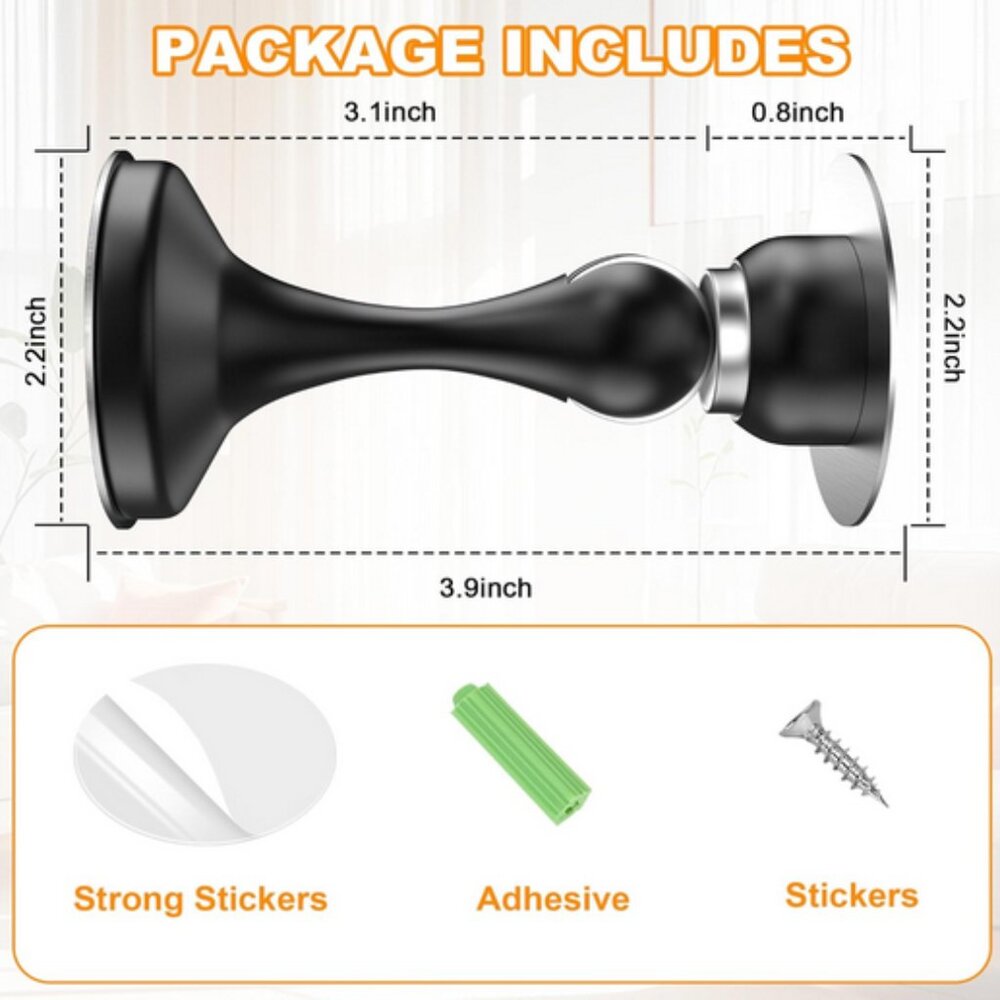 Magnetic Door Stopper – Drill-Free Option – Black & Silver